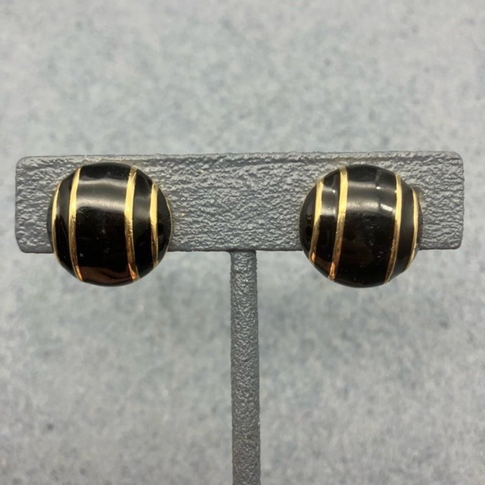 Monet Clip On Earrings Black Enamel Gold Stripe Round Domed Retro Vintage Granny